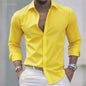 Solid Color Men's Casual White Shirt, Fashionable Casual Long Sleeve Stretch Fabric, Business Formal Shirt, Comfortable Fabric