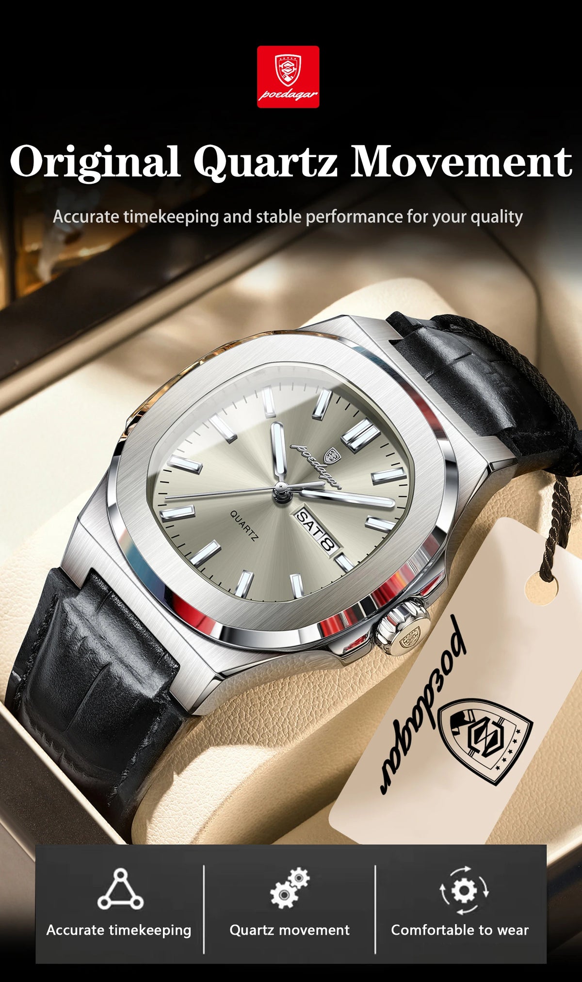 POEDAGAR Top Fashion Men's Quartz Watches Luxury Luminous Waterproof Man Clock Week Date Leather Business Men Watch Reloj Hombre