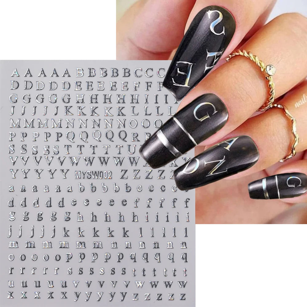 1Pc 3D Roman Letter Nail Stickers Gold/Silver/Black/Laser Alphabet Self Adhesive Decal Y2K English Words/Number Manicure Sliders