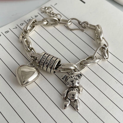 100% Solid 925 Sterling Silver Retro Bracelet for Women Men Vintage Handmade Heart Bracelet Birthday Gift