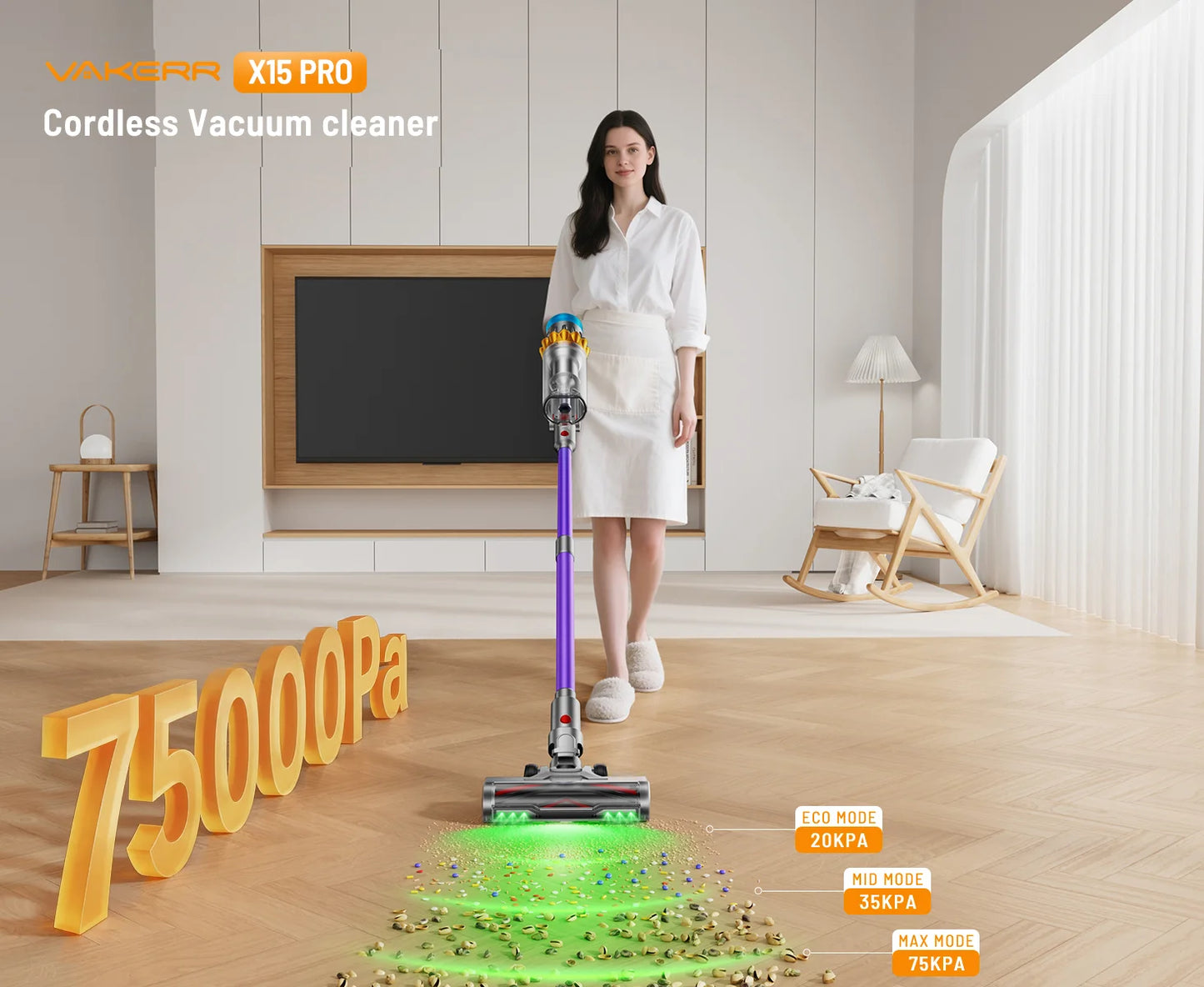 VAKERR X15 Pro 750W Cordless Vacuum Cleaner 75KPA Strong Suction for Pet Hair and Carpet 80Mins Runtime Household Cleaning
