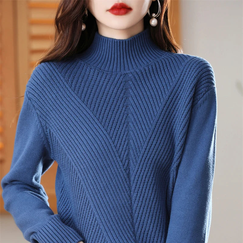 Women 100% Cotton Knit Sweater Half-high Collar Stripe Pullover Autumn Winter Thickened Bottoming Clothing Casual Knitted Tops