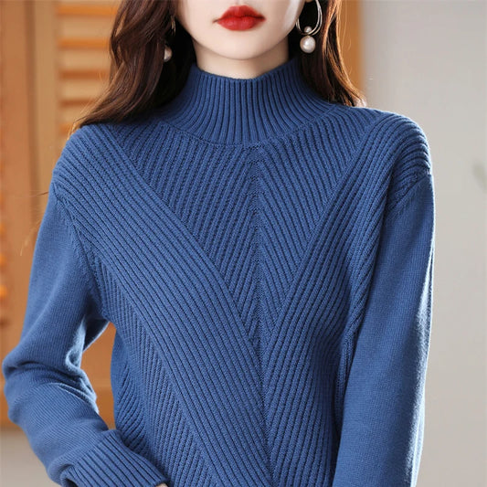 Women 100% Cotton Knit Sweater Half-high Collar Stripe Pullover Autumn Winter Thickened Bottoming Clothing Casual Knitted Tops