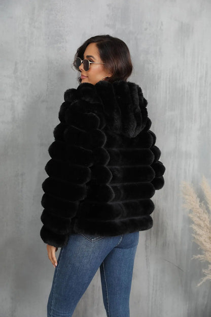 2026 Faux Fur Women Coats Hooded Full Sleeve Short Coat Zipper Thick Warm Solid Temperament Elegant Splice Autumn Winter