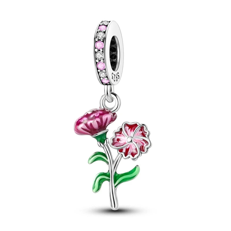 Original 925 Sterling Silver Charm Beads Clover Sunflower Tulip Carnation Pendant For Women Jewelry Fashion Gift