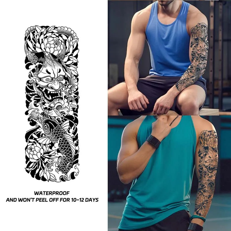 Hannya Full Arm Waterproof Temporary Tattoo Sticker, Long-lasting for 1-2 Weeks, Realistic Semi-Permanent Fake Tattoo