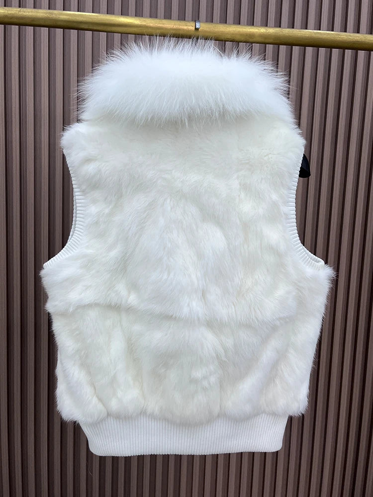 Women's Genuine Real Rabbit Fur Vest Coat Knitting Winter Fox Fur Collar Fur Jacket Casual Short Outwear Slim with Zipper