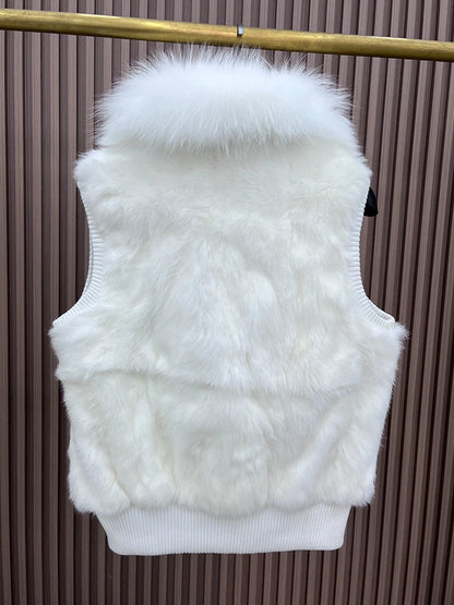 Women's Genuine Real Rabbit Fur Vest Coat Knitting Winter Fox Fur Collar Fur Jacket Casual Short Outwear Slim with Zipper