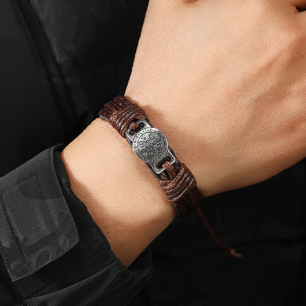 Vintage Handmade Braided Leather Bracelets For Men Myth Cross Scripture Retro Lace-Up Punk Style Leather Bracelet Accessory Gift