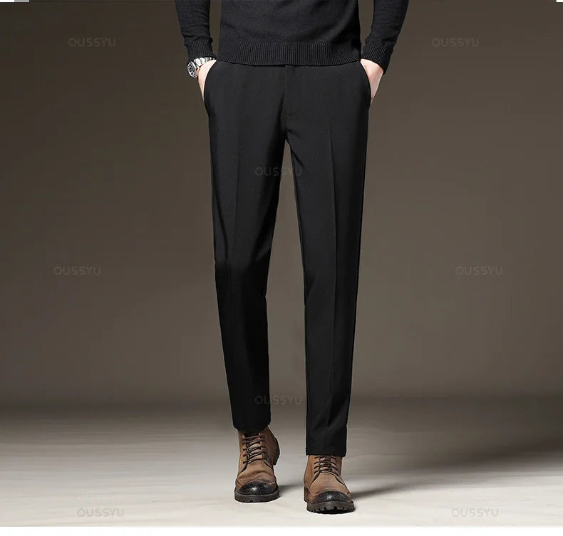 Autumn Winter Men‘s Suit Pants Slim Business Office Elastic Waist Black Grey Classic Pant Korean Trousers Male Plus Size 28-38