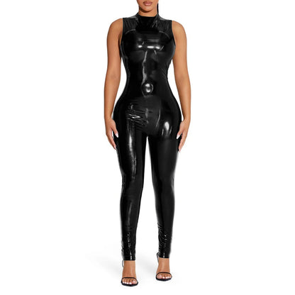 PVC Sleeveless Jumpsuit for Ladies, Wet Look, Shiny Patent Leather, O-Neck Bodycon, Tank Catsuit, Stretch Slim Rompers, Sexy