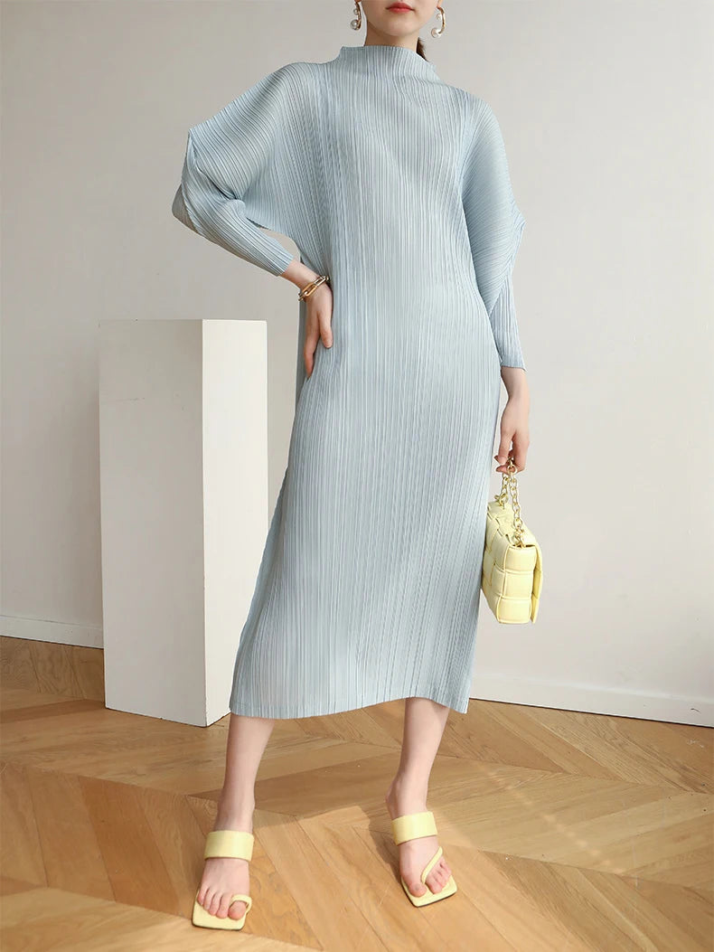 Miyake Pleats Batwing Sleeve Pleated Long Dress Korean High Fashion Causal Elegant Women Designer Clothing
