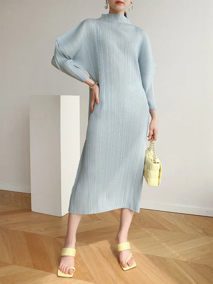 Miyake Pleats Batwing Sleeve Pleated Long Dress Korean High Fashion Causal Elegant Women Designer Clothing