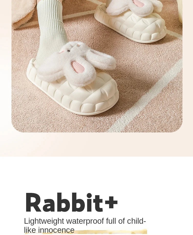 Mo Dou 2022 Winter Warm Women Slippers Waterproof Vamp Cute Rabbit Bear Decoration Indoor Outdoor Shoes Soft Plush Men Slippers