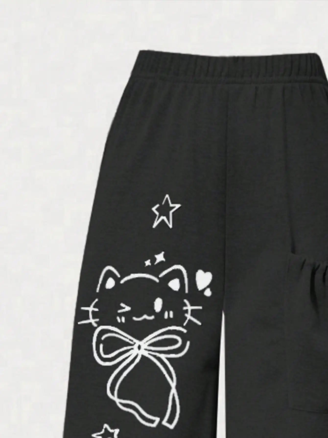 Girls' fashion casual trousers, girls' spring, summer, autumn and winter loose straight-leg pants with a kitten pocket design