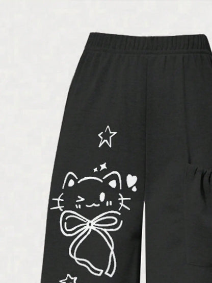 Girls' fashion casual trousers, girls' spring, summer, autumn and winter loose straight-leg pants with a kitten pocket design