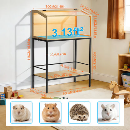 Large Wooden Hamster Cage Clear Tempered Glass Pet Small Animal Habitat Cage Playful Hutch House