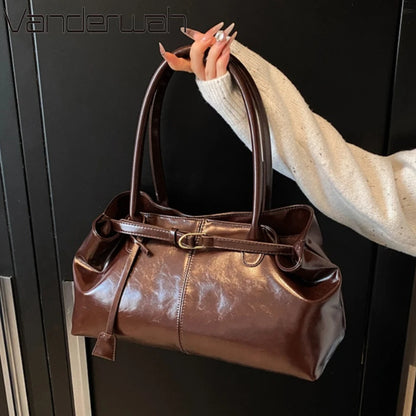 Oil PU Leather Hobo Handbag Slouchy Shoulder Bag Retro Top-Handle Bag Large Work Bags for Women Gilrls Tote Work Shopping Travel