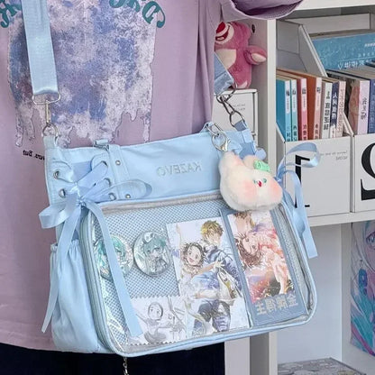 College Style Crossbody Bag with Ribbon Large Capacity for Class Book Carrying Mailman Bag Girls Bow JK Shoulder Ita Bag Handbag