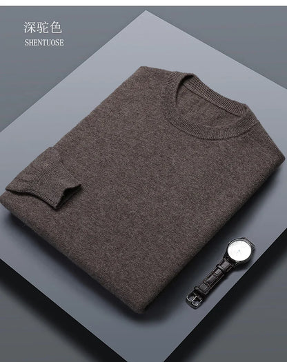 Classic Solid Color Men's O-neck Sweater Autumn Winter 100% Merino Wool Knitted Pullover Long Sleeve Warm Loose Casual Men Tops