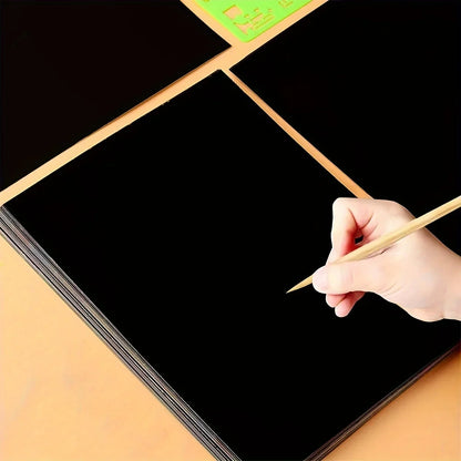50 pcs Scratch Paper Kids Rainbow Magic Scratch Off Paper Sheets Art Craft Kit Black Note Paper Drawing Pads with Stencils
