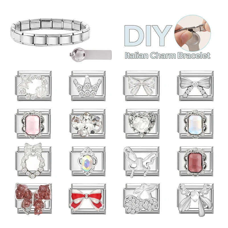 Y2K Butterfly Bow Knot Heart Star Moon Zircon Daisy Cross Italian Charm Links Fit 9mm Stainless Steel Bracelet DIY Making Gifts