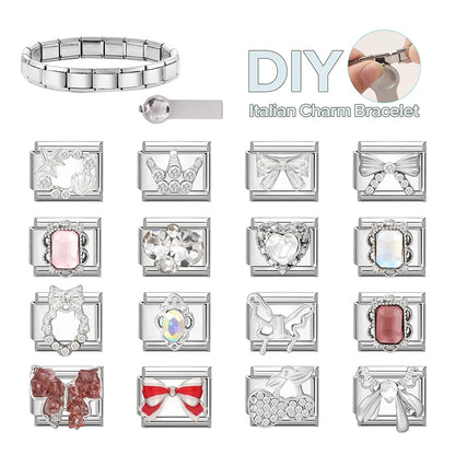 Y2K Butterfly Bow Knot Heart Star Moon Zircon Daisy Cross Italian Charm Links Fit 9mm Stainless Steel Bracelet DIY Making Gifts