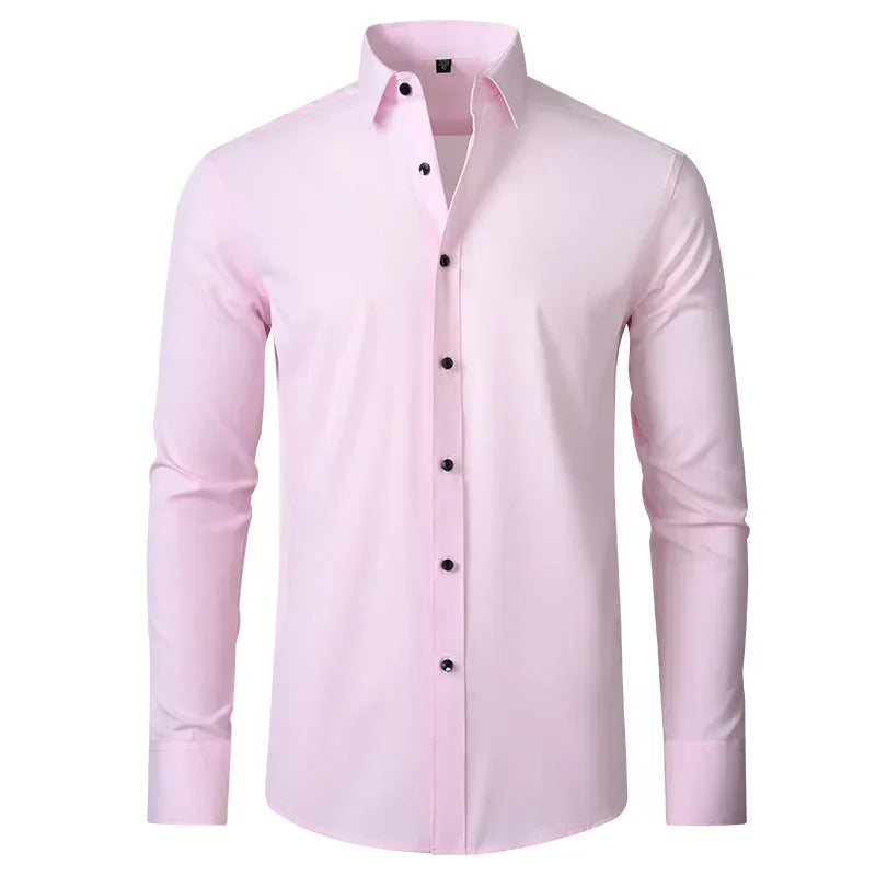Men's long-sleeved shirt made of elastic fabric, wash-and-wear wrinkle-resistant business casual, silky smooth, pure color shirt