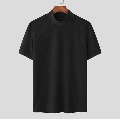 Summer New Casual Simple Knitted Base Shirt European and American Men's High Neck Water Ripple Solid Color T-Shirt