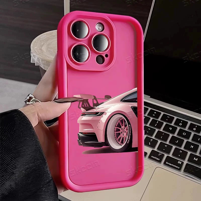 Fashion Pink Car Pattern Silicone Phone Case For iPhone 17 16 15 14 13 12 11 Pro Max 17 Air XS XR 7 8 Plus 16e Shockproof Cover