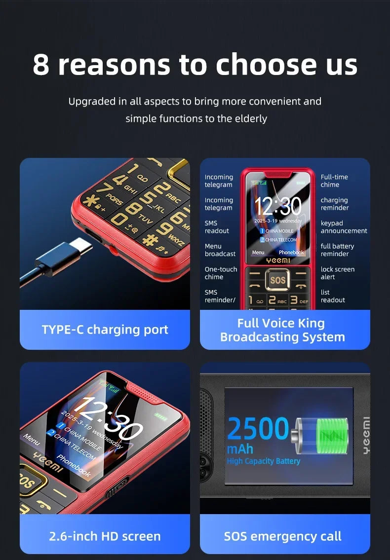 YEEMI K3 4G Feature Keypad Phone 2.6 Inch Dual SlM Big Button Loud Volume for Elderly 2500mAh FM Radio Hebrew Keyboard SOS Video