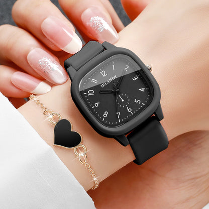 2PCS Fashion Arabic Dial Women Quartz Watch Heart Bracelet Set Square Silicone Strap Wristwatches Reloj Mujer (Without Box)