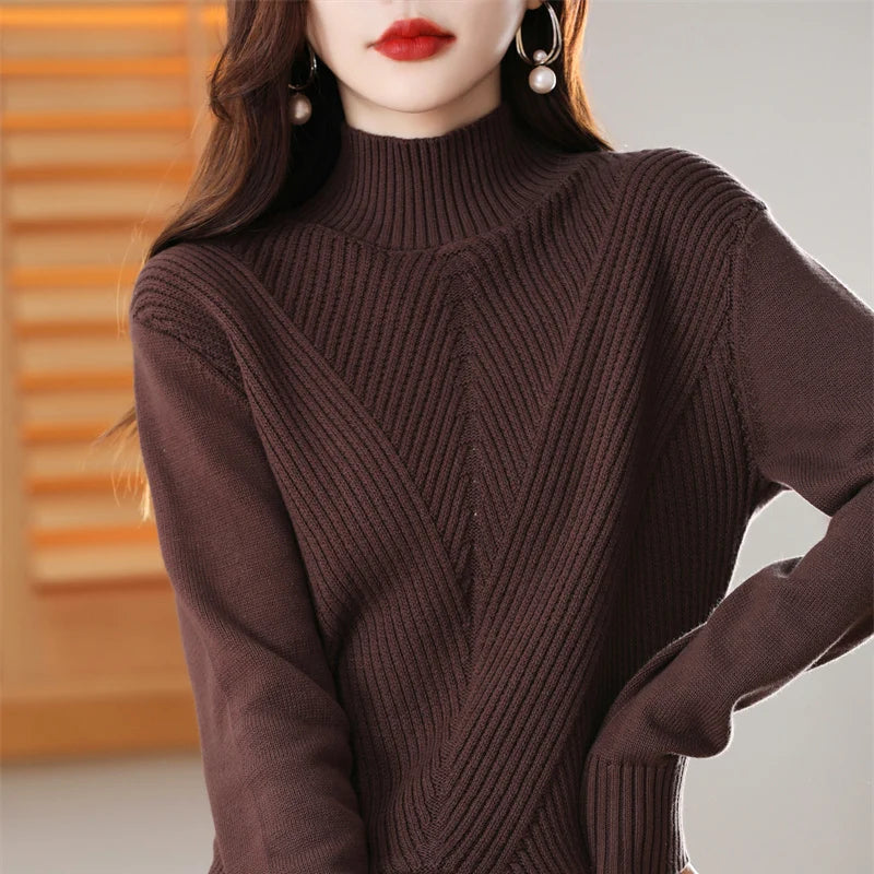 Women 100% Cotton Knit Sweater Half-high Collar Stripe Pullover Autumn Winter Thickened Bottoming Clothing Casual Knitted Tops