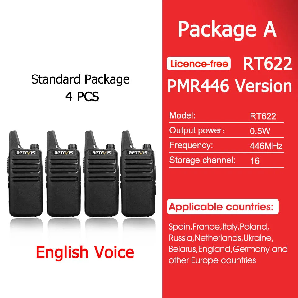 Retevis RT622 Mini Walkie Talkie 4 Pcs Walkie-talkies PMR446 FRS Portable Two Way Radio Communication Radio for Restaurant Hotel