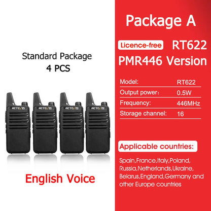 Retevis RT622 Mini Walkie Talkie 4 Pcs Walkie-talkies PMR446 FRS Portable Two Way Radio Communication Radio for Restaurant Hotel