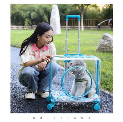 Pet Pull-Along Cart Cat Carrier, Large Capacity for Two Cats, Transparent Travel Trolley for Medium Dogs, Outdoor Pet Luggage
