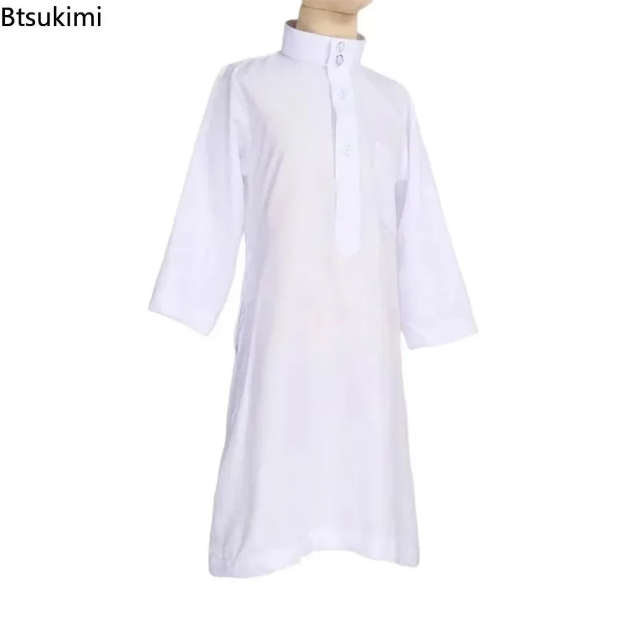 New Islamic Kaftan Children Jubba Thobe Muslim Boys Abaya Kids Burqas White Arab Stand Collar Long Sleeved Robe Muslim Fashion
