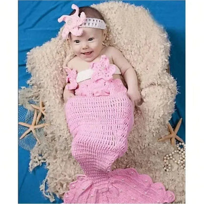 3Pcs Newborn Photography Props Baby Girl Crochet Mermaid Tail Outfit Handmade Photo Shoot Costume Bebe Headband Clothes Set