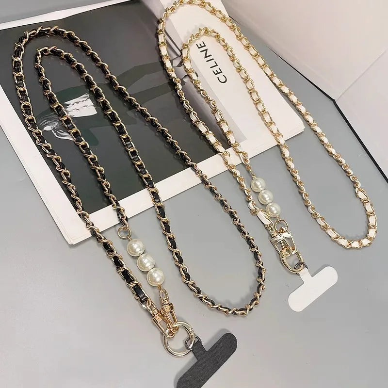Pearl Leather Chain Mobile Phone Strap Long Crossbody Anti-Loss Shoulder Cord with Metal Pendant for Women