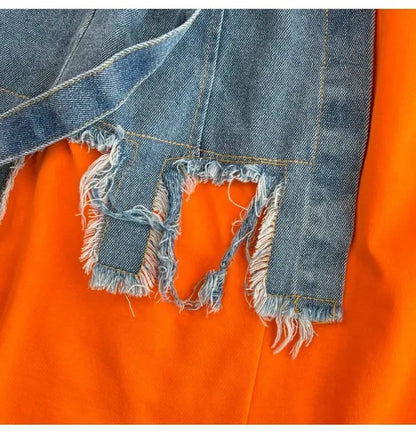 Retro Hong Kong Sle Chic Casual Mid-Length round Ne Patchwork Color Denim irt with Belt Spring New Women's Faion Top