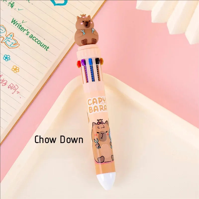 10-Color Kawaii Capybara Multifunctional Gel Pen 0.5mm Fine Tip Cute Cartoon Brown Pen for Office School Student Stationery