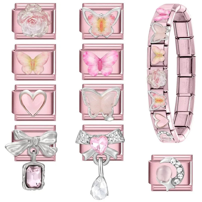 2025 New Women Romantic Pink Cherry Heart Shiny CZ Italian Charm Links Fit 9mm Bracelet Stainless Steel DIY Making Jewelry Gifts
