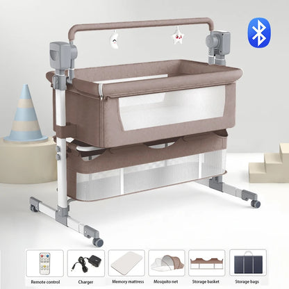 Electric Baby Crib Bassinet Cradle Bluetooth Music Timer with Automatic Swing Remote Control Foldable Design Breathable Mesh Sides Soft Mattress Stable Frame Safe Sleeping Bed for Newborn Infant Home Use and Travel Comfort Ba