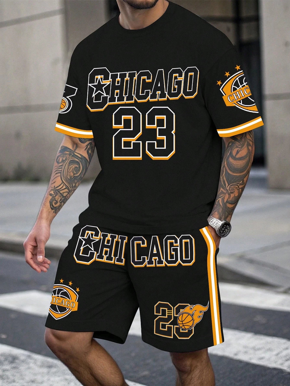 Men's Sports Short Sleeve Top Shorts Set Plus Size Breathable Basketball Sports Clothing Letter Print T-shirt Shorts 2-piece Set