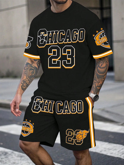 Men's Sports Short Sleeve Top Shorts Set Plus Size Breathable Basketball Sports Clothing Letter Print T-shirt Shorts 2-piece Set