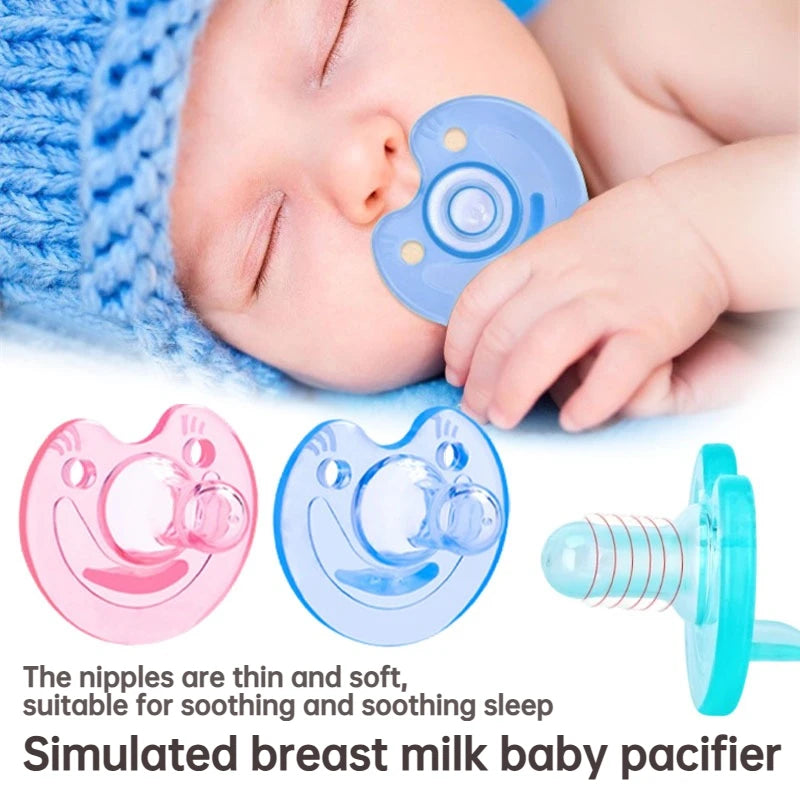 Newborn baby lulls to sleep with a breast milk like pacifier, with a soft silicone pacifier and round head to prevent eating