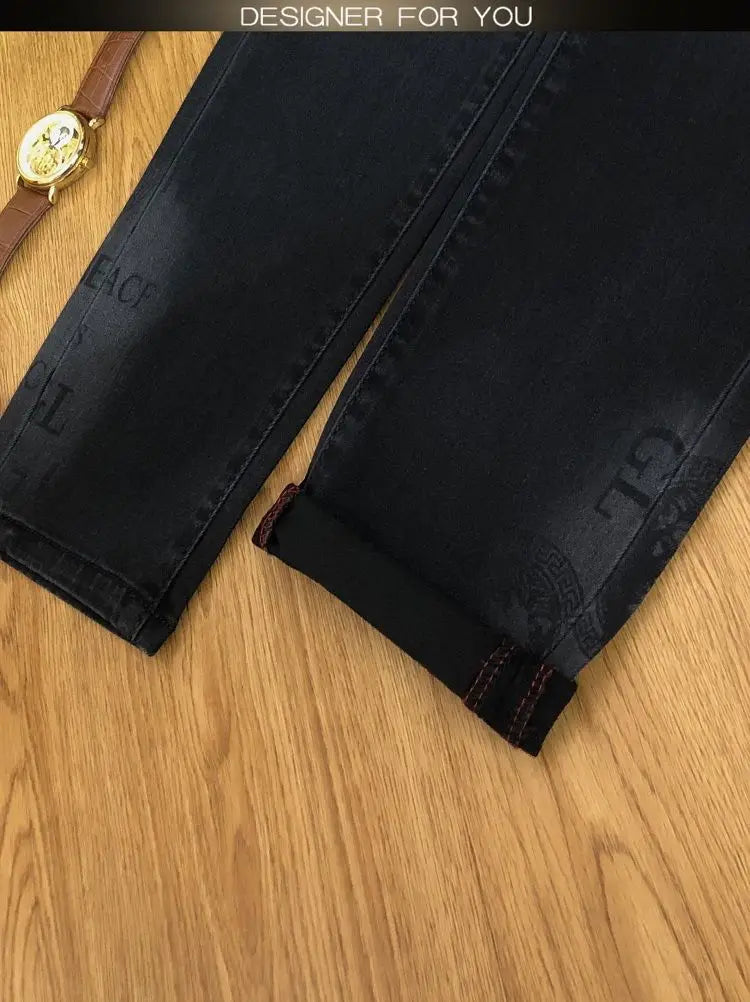 Spring and Autumn Korean Slim Jeans for Men 2025 High-end Luxury Clothing Black Printing Mid-waist Stretch Casual Pencil Pants