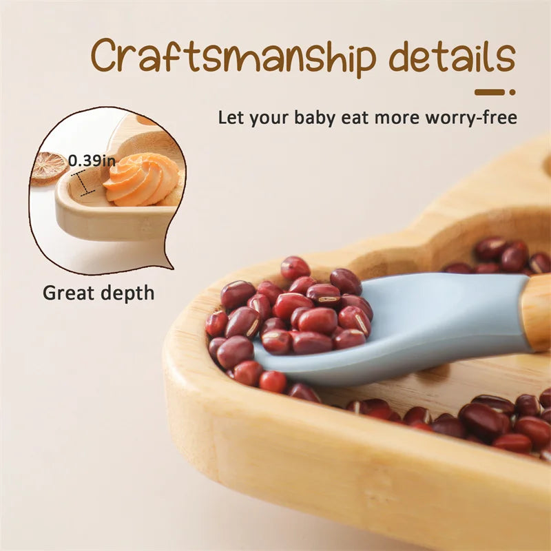 Baby Wooden Tableware Set Wooden Handle Fork Spoon Could Bamboo Wooden Plate Bowl Silicone Suction for Children Feeding Supplies