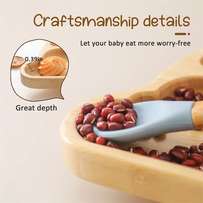 Baby Wooden Tableware Set Wooden Handle Fork Spoon Could Bamboo Wooden Plate Bowl Silicone Suction for Children Feeding Supplies