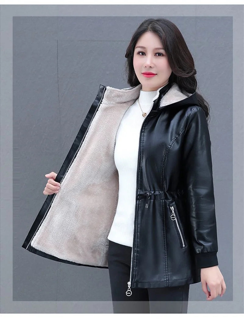 Winter Coat New Fashion Soft Leather Clothes Women's Long Sheep Leather Jacket Plus Velvet Padded Warm Coat